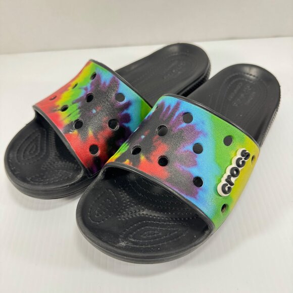 Crocs Slide Sandals Shoes Tie Dye Unisex Mens 7 Womens 9 Black Rainbow - Picture 1 of 11